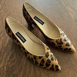 Santorini Leopard Print Leather Made in Spain Chunky Heel Pointed Toe Pumps